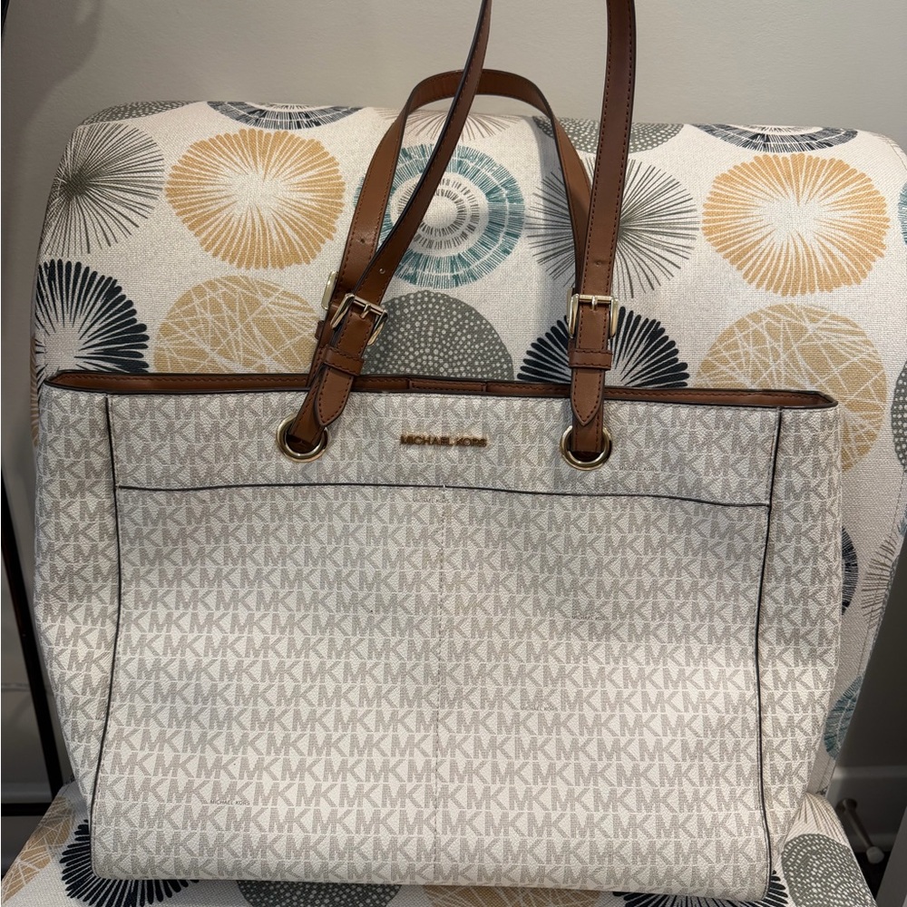 Michael Kors White Signature Tote with Brown Trim